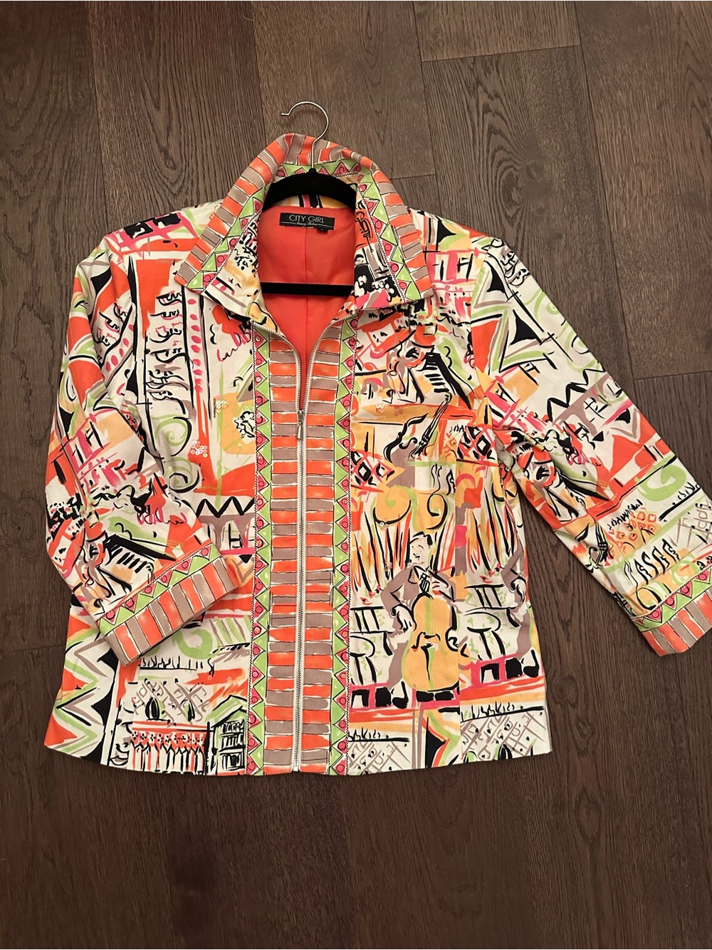 Multicolor Abstract Print Zip-Front Jacket - Coral/White City Girl Large